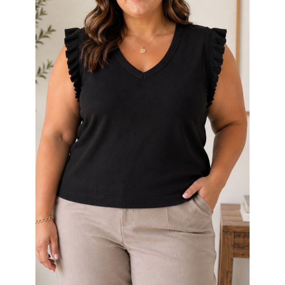 NEW! Nine West XXL Black Ribbed Ruffle Sleeve V Neck Top Stretch Career Casual